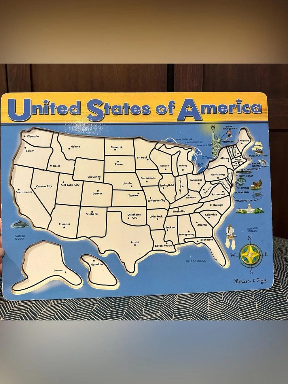 Melissa & Doug • wooden US states puzzle • state birds on the back • kids • toy